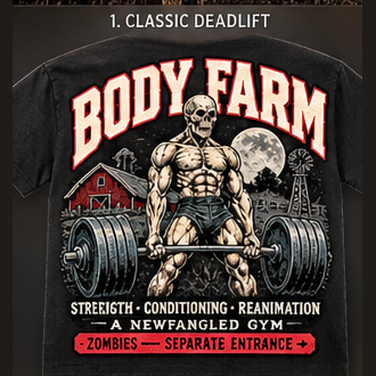 Back design option 01: Classic Deadlift; reference tee art, not hoodie mockup