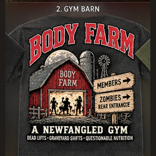 Back design option 02: Gym Barn; reference tee art, not hoodie mockup