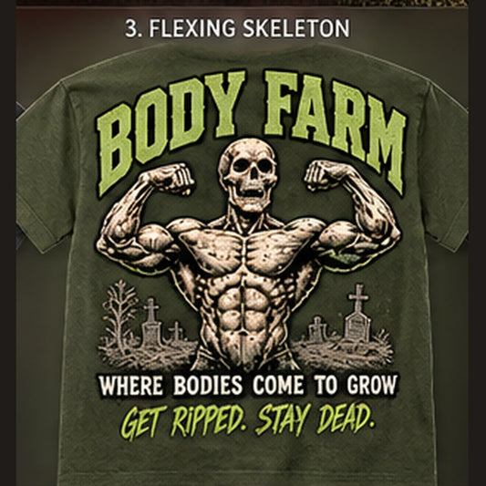 Back design option 03: Flexing Skeleton; reference tee art, not hoodie mockup