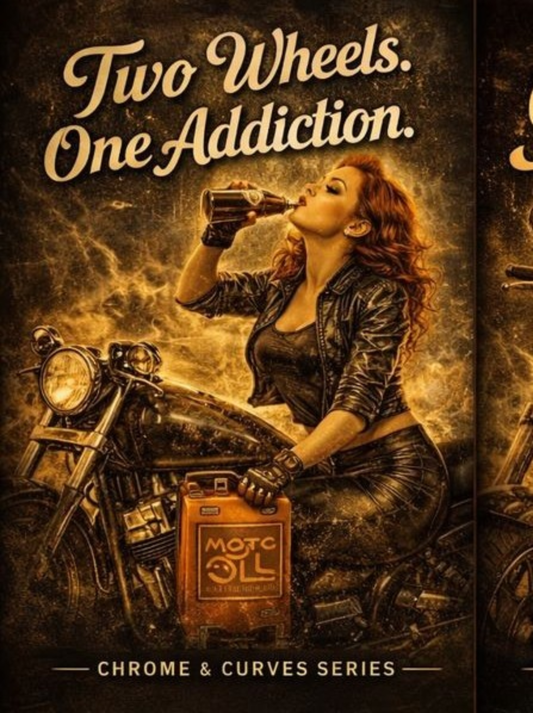 The image is a collage featuring a woman on a motorcycle, with a bottle of oil in her hand. The background is dark and has a vintage or retro style.