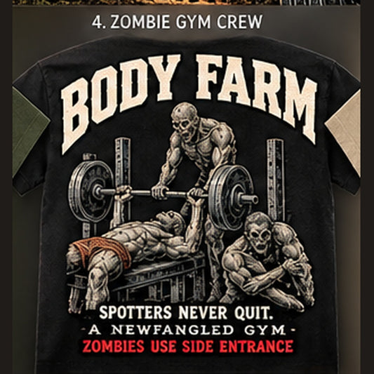 Back design option 04: Zombie Gym Crew; reference tee art, not hoodie mockup