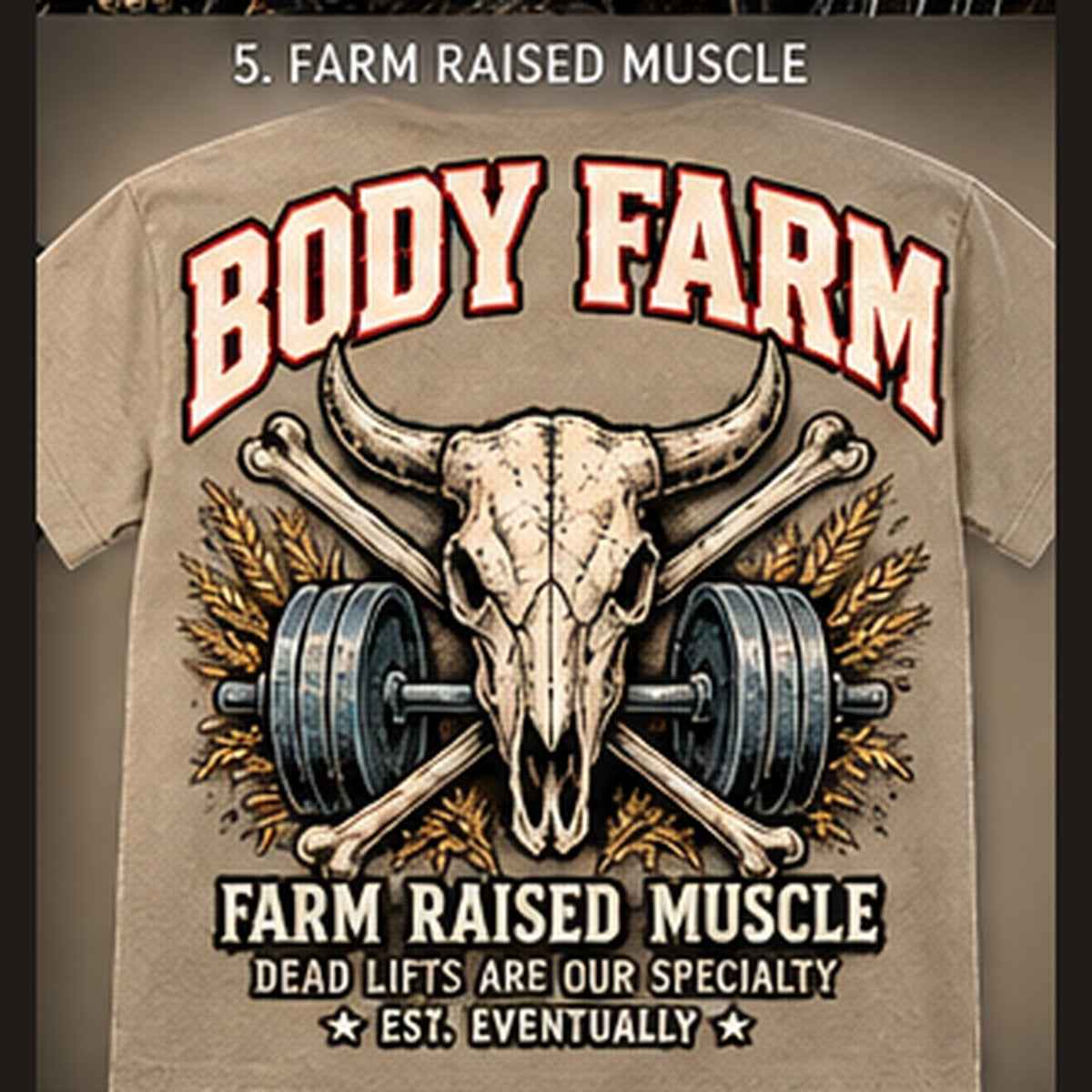 Back design option 05: Farm Raised Muscle; reference tee art, not hoodie mockup
