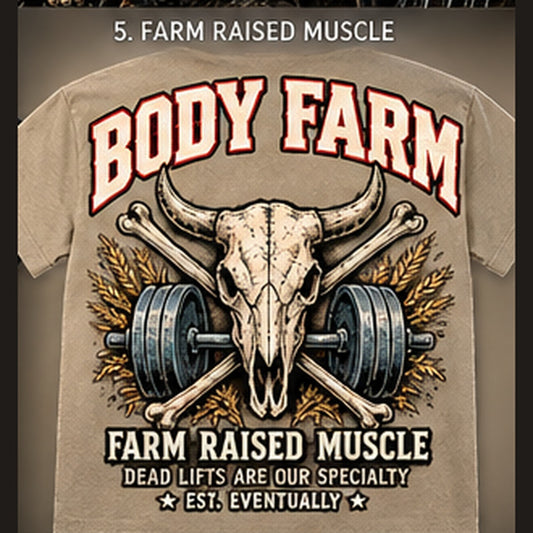 Back design option 05: Farm Raised Muscle; reference tee art, not hoodie mockup