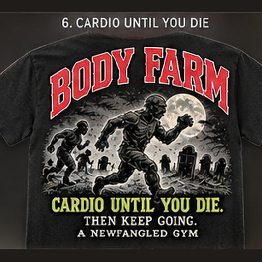 Back design option 06: Cardio Until You Die; reference tee art, not hoodie mockup