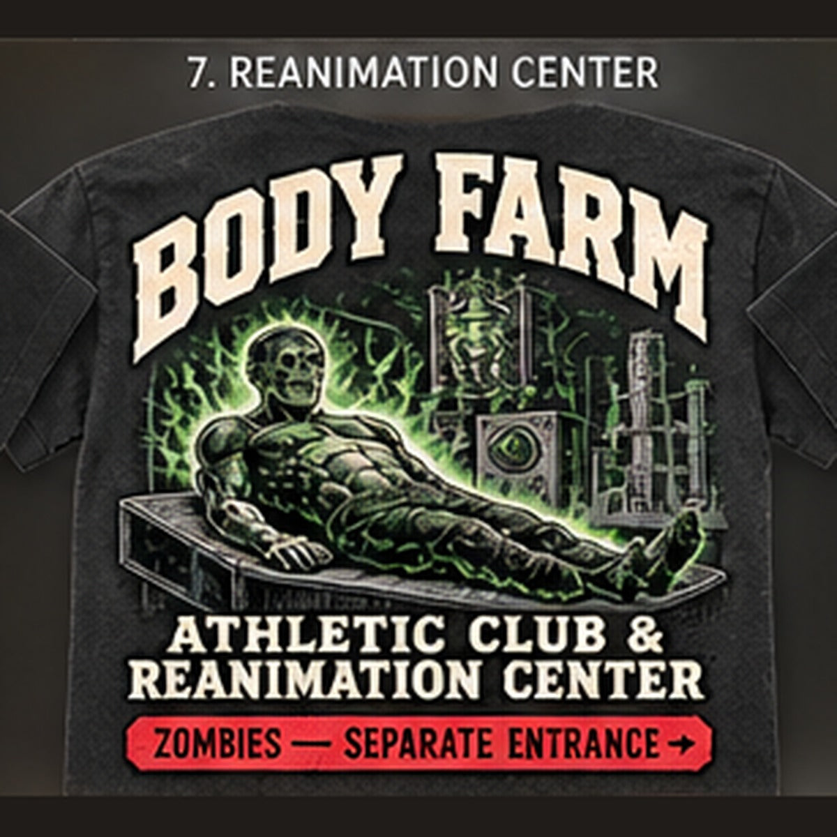 Back design option 07: Reanimation Center; reference tee art, not hoodie mockup