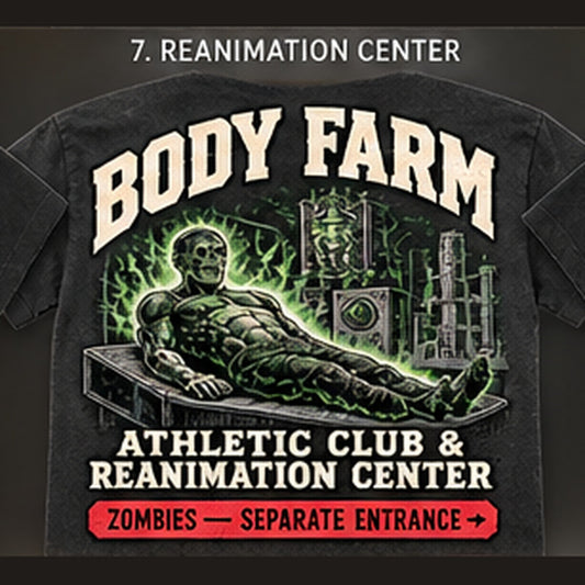 Back design option 07: Reanimation Center; reference tee art, not hoodie mockup