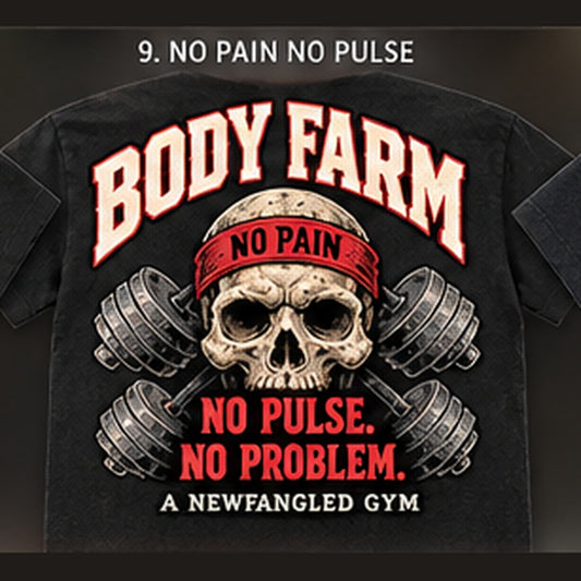 Back design option 09: No Pain No Pulse; reference tee art, not hoodie mockup
