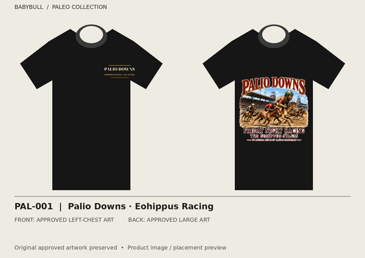 PAL-001 approved artwork black tee mockup; original artwork preserved