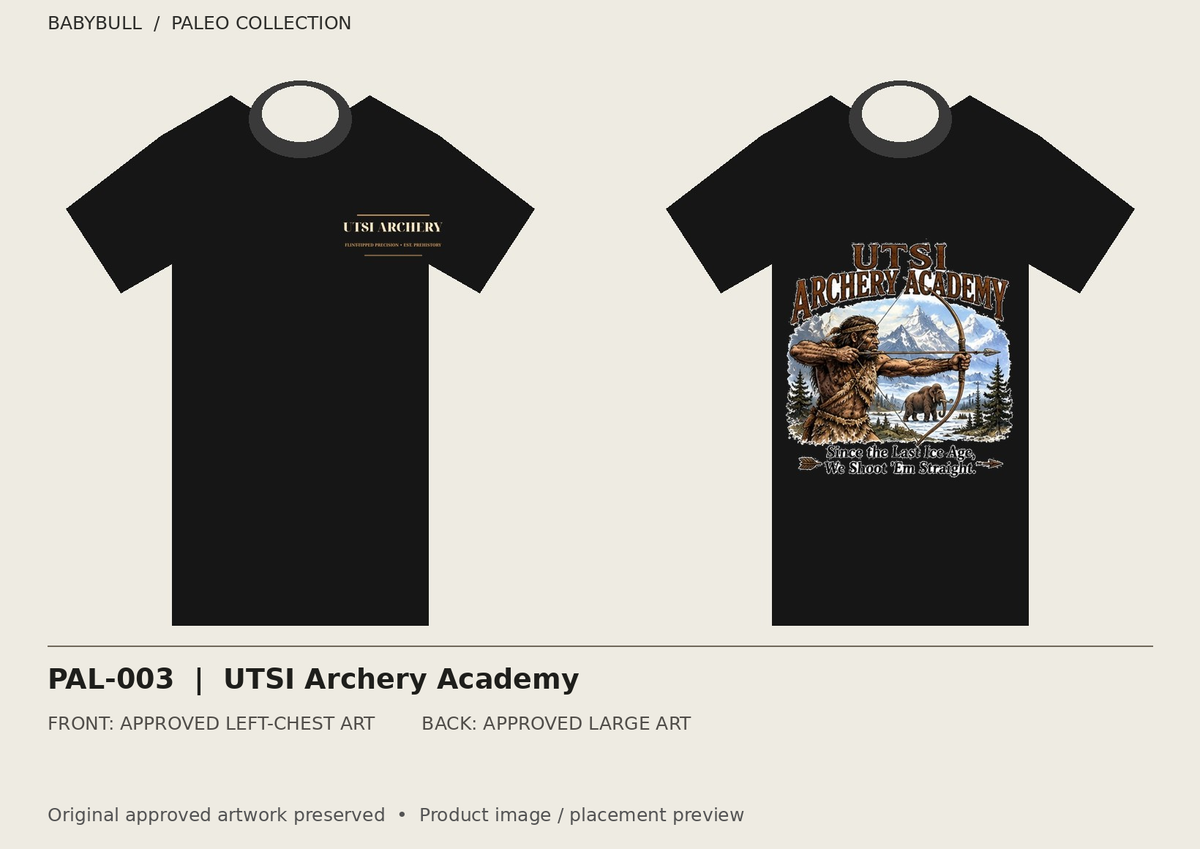 PAL-003 approved artwork black tee mockup; original artwork preserved