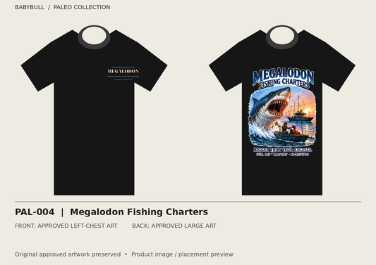 PAL-004 approved artwork black tee mockup; original artwork preserved