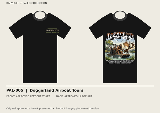 PAL-005 approved artwork black tee mockup; original artwork preserved