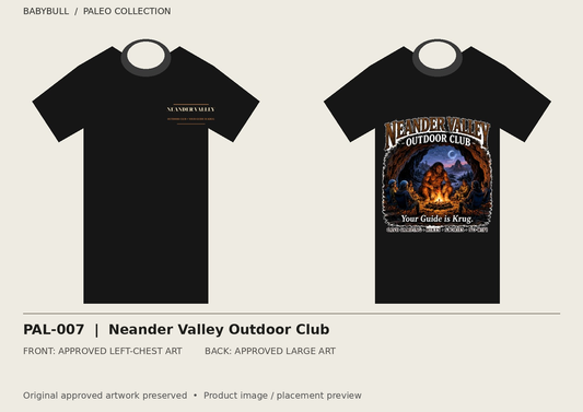 PAL-007 approved artwork black tee mockup; original artwork preserved