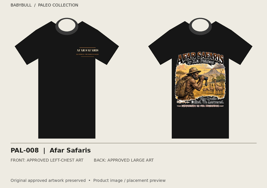 PAL-008 approved artwork black tee mockup; original artwork preserved