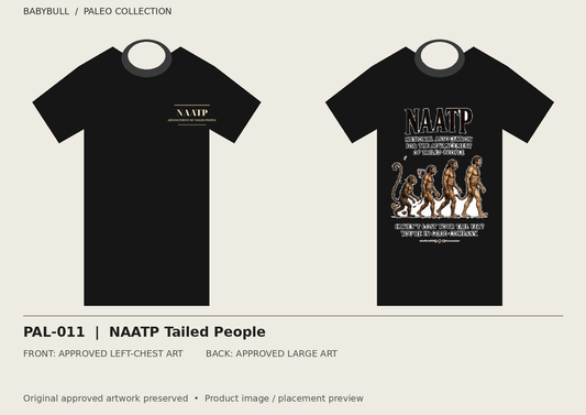 PAL-011 approved artwork black tee mockup; original artwork preserved