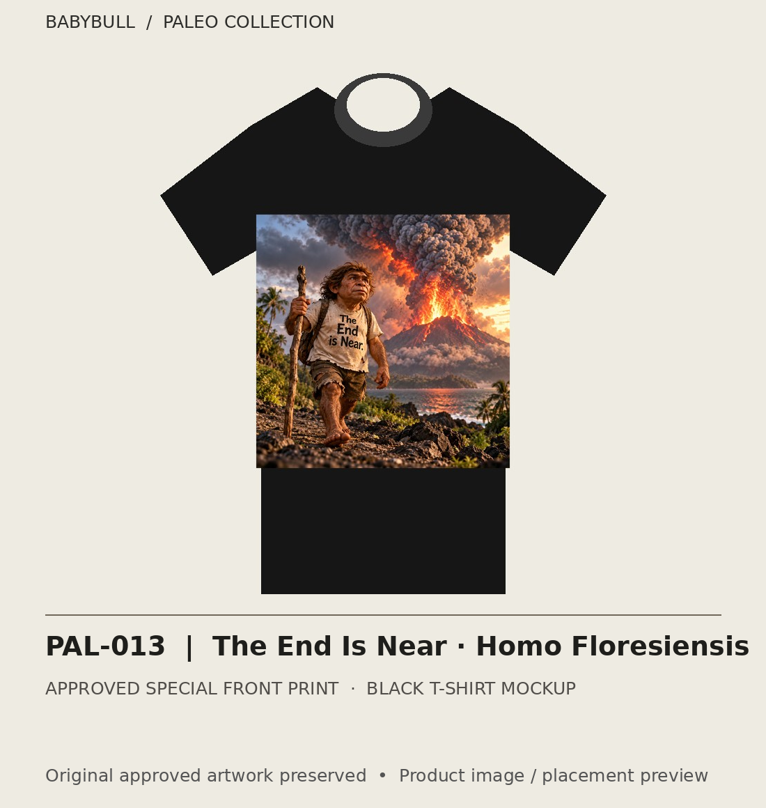 PAL-013 approved artwork black tee mockup; original artwork preserved