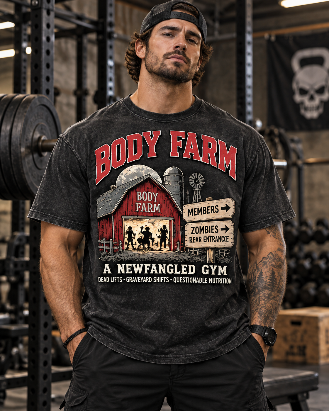 BODY FARM Gym Barn Tee — Zombies Rear Entrance