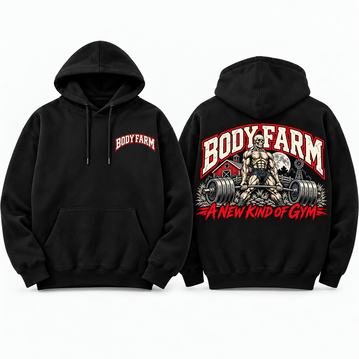 BODY FARM hoodie front and back layout — Classic Deadlift shown