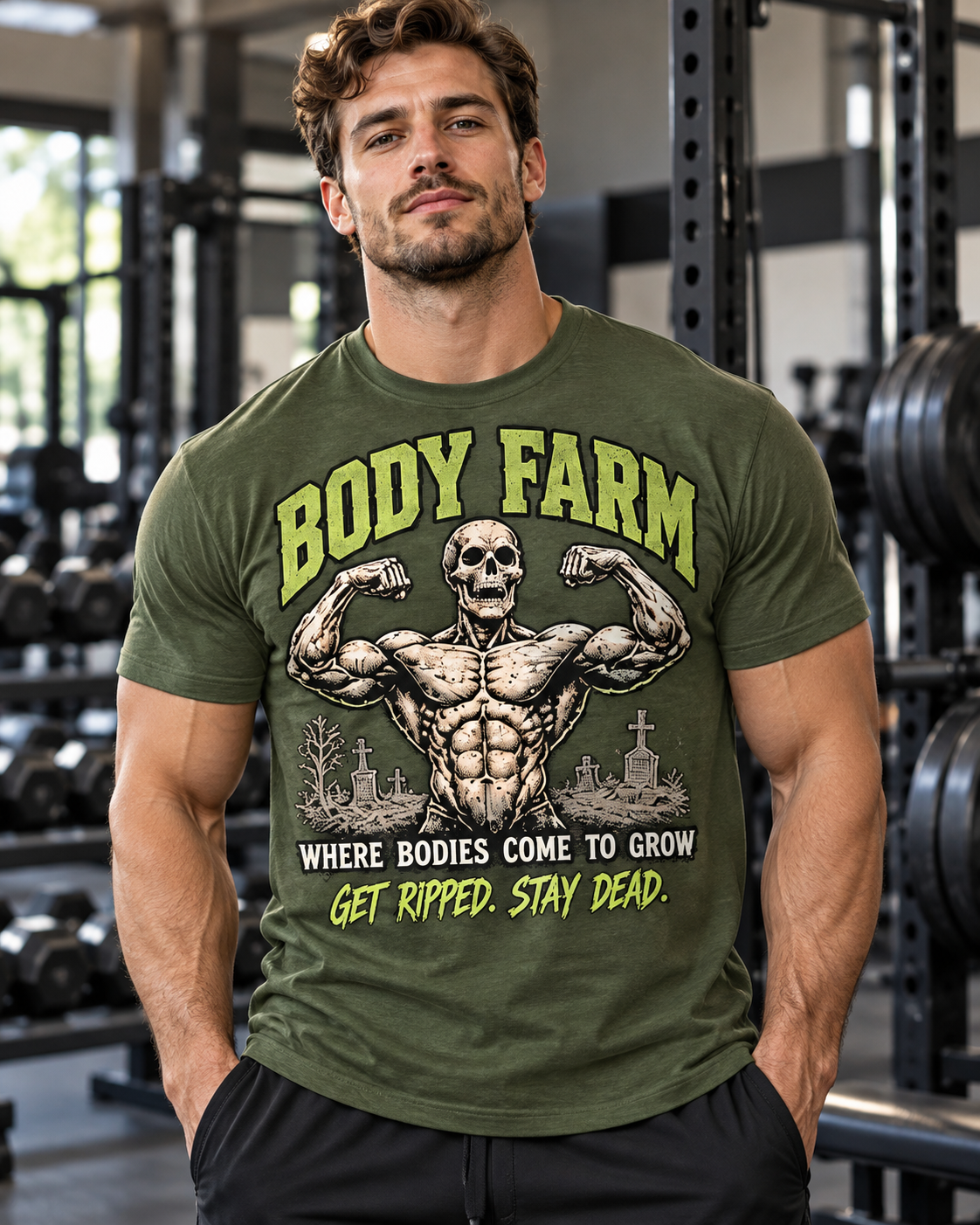BODY FARM Flexing Skeleton Tee — Get Ripped Stay Dead