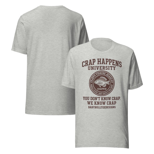 Crap Happens University – Crappy Fishing Academy Tee | Funny Fisherman Shirt by BabyBullTeeDesigns